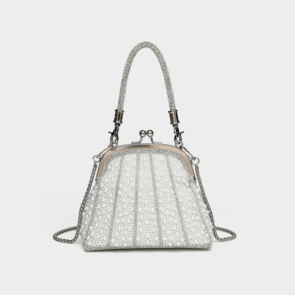 Structured trapezoid evening bag with all-over pearl and rhinestone embellishment, silver-tone kiss-lock frame closure, front