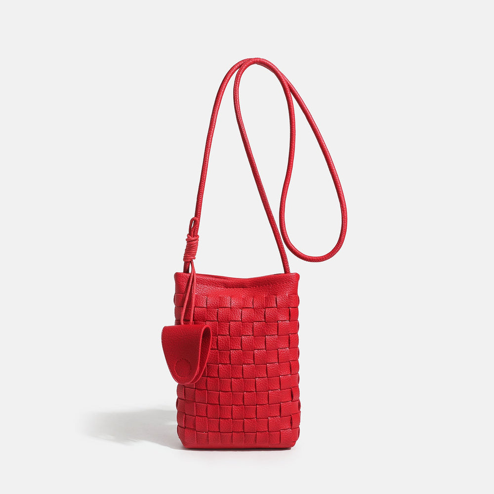 Mini woven square-pattern crossbody phone bag with long cord strap and front snap flap pocket in red textured leather-look