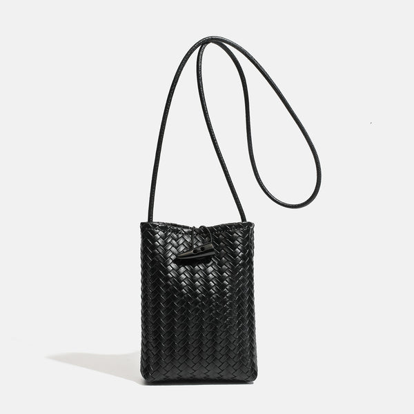 Compact woven leather-look bucket crossbody pouch with toggle closure and long fixed strap, detail view 8