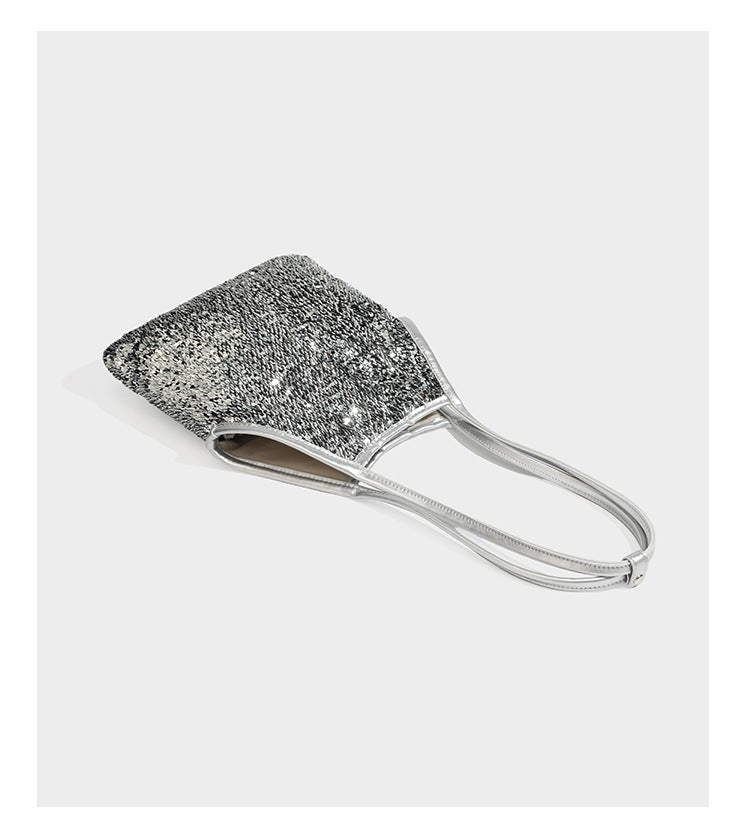 Kleine Schulter-Tote-Bag mit Pailletten, langem Metallic-Riemen und trapezförmiger Silhouette, Detailansicht 15