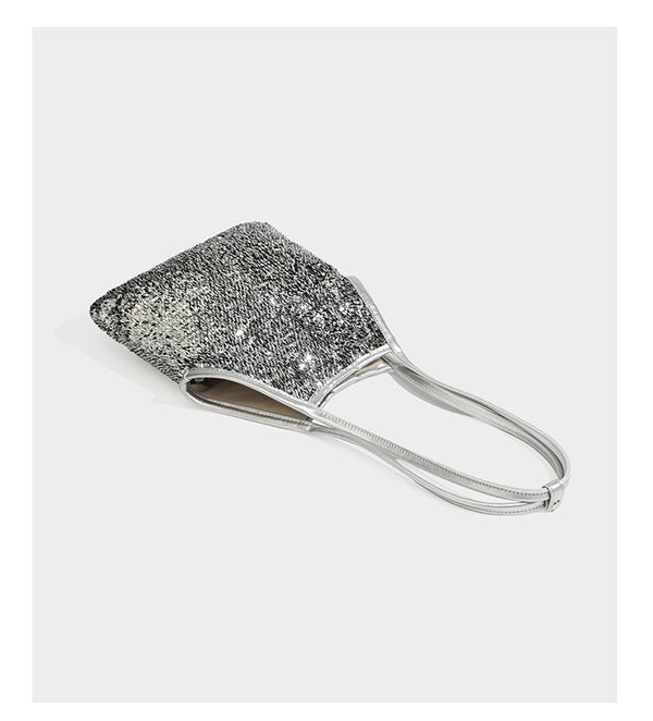 Kleine Schulter-Tote-Bag mit Pailletten, langem Metallic-Riemen und trapezförmiger Silhouette, Detailansicht 15