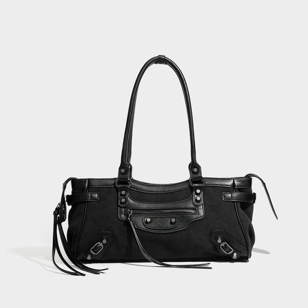Strukturierte Vintage-Moto-Schultertasche im Tote-Stil mit matten, veloursähnlichen Einsätzen, Besatz in Lederoptik, Nieten in dunkler Silberoptik und Reißverschluss an der Vorderseite