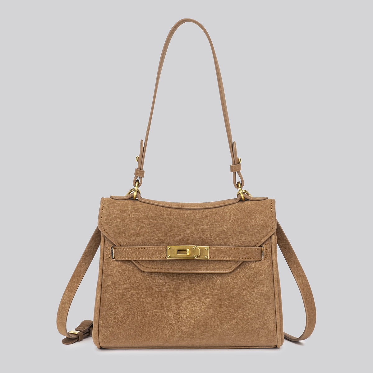 Structured dark brown flap satchel with gold-tone turn-lock hardware and detachable shoulder strap, detail view 7