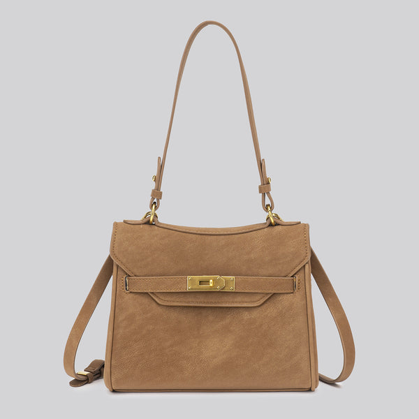 Structured dark brown flap satchel with gold-tone turn-lock hardware and detachable shoulder strap, detail view 7