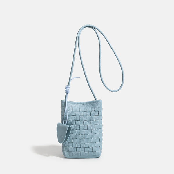Mini woven square-pattern crossbody phone bag with long cord strap and front snap flap pocket in red textured leather-look