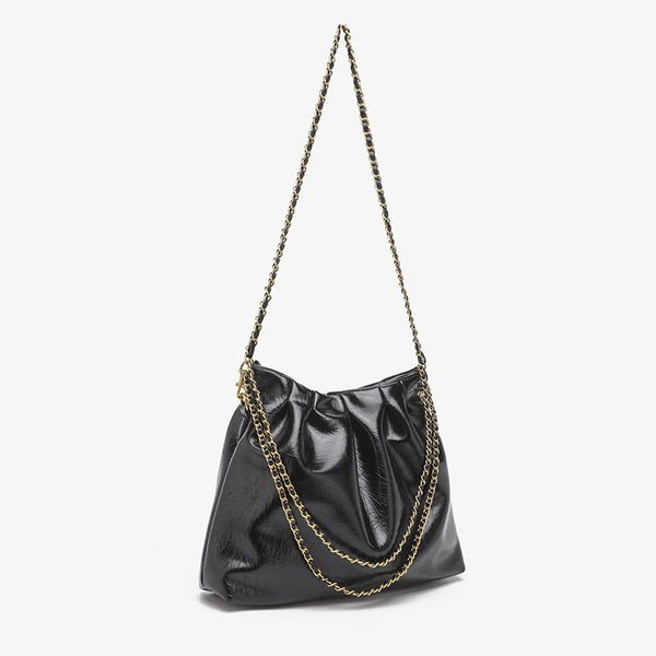 Ruched high-gloss leather-look hobo shoulder bag with gold-tone chain strap, detail view 3