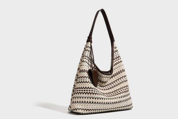 Slouchy woven stripe hobo shoulder bag with black-and-white pattern and leather-look strap, detail view 19