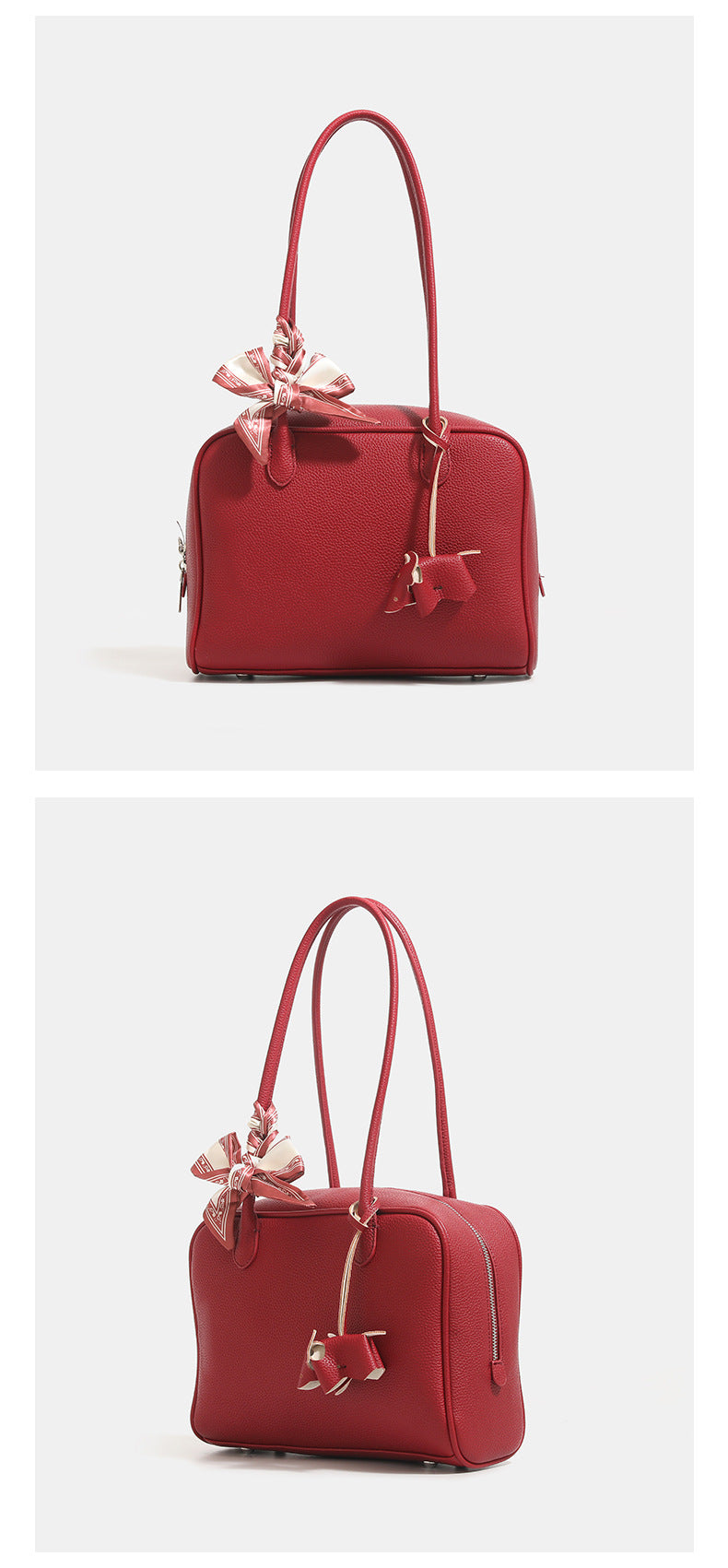 Strukturierte Boston-Tasche aus lederähnlichem Material mit genarbter Oberfläche, Seidenschal und Metallfüßchen, Detailansicht 9