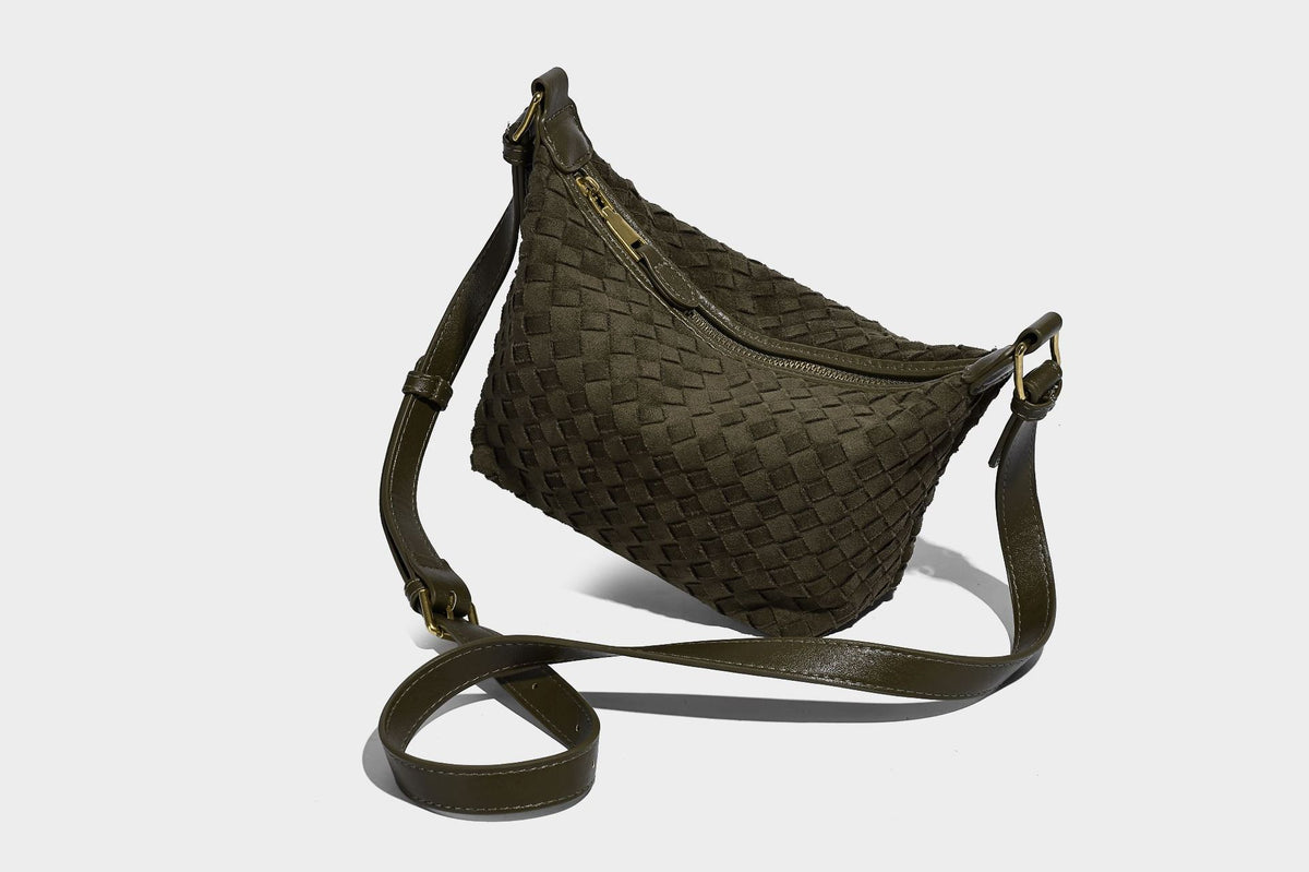 Small woven-texture crescent hobo bag in dark chocolate brown with top zip closure, gold-tone hardware, and adjustable