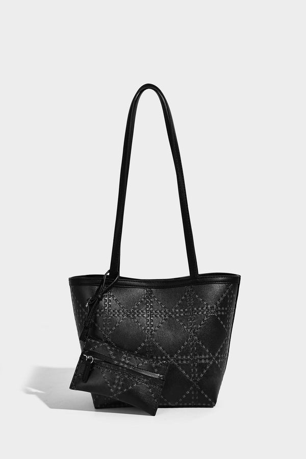 Quilted diamond-pattern tote bag with attached front zip pouch and long shoulder straps, detail view 15