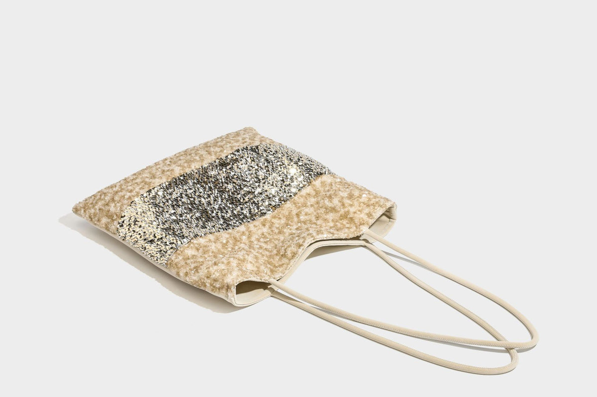 Soft rectangular sequin tote bag with colorblock metallic panels and long slim shoulder straps, detail view 33