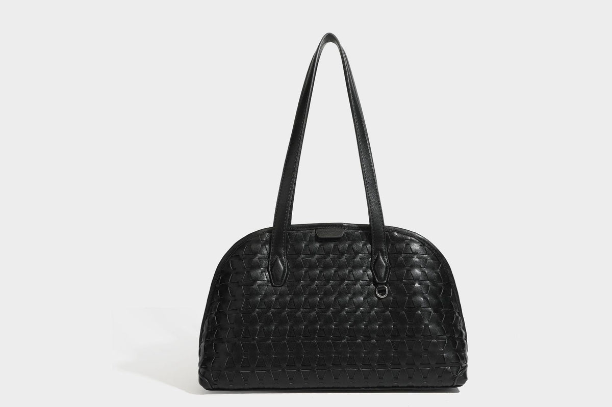 Strukturierte kuppelförmige Schulter-Tote-Bag mit geometrischer Flechtoptik in Lederoptik, langen Doppelriemen, Reißverschluss oben und rundem