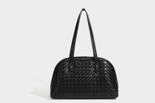 Strukturierte kuppelförmige Schulter-Tote-Bag mit geometrischer Flechtoptik in Lederoptik, langen Doppelriemen, Reißverschluss oben und rundem