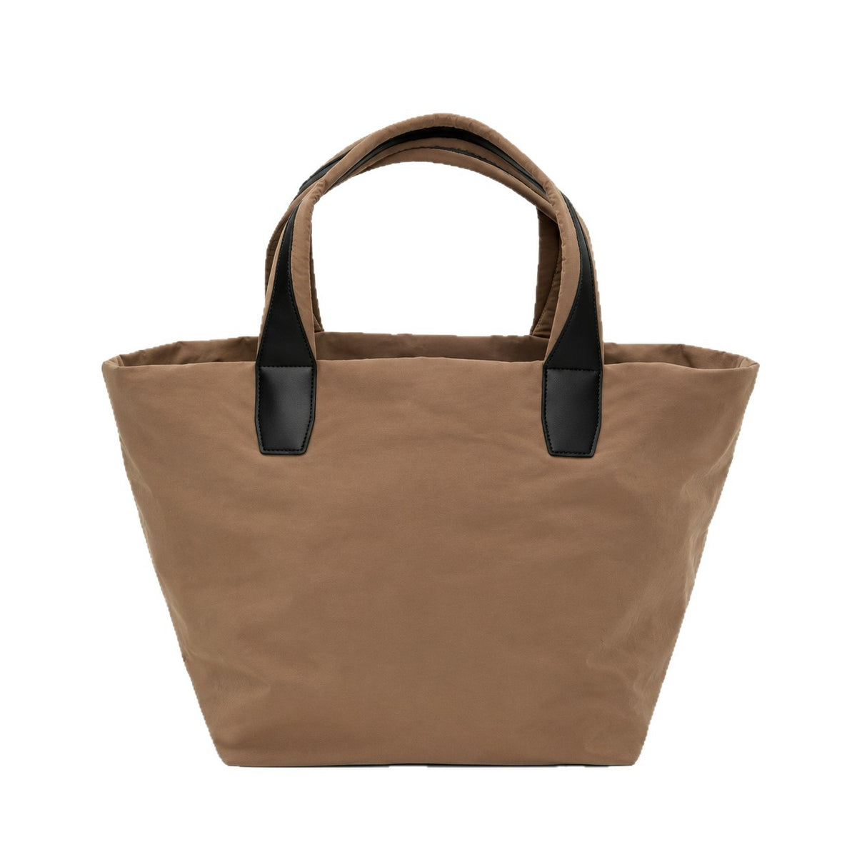 Large lightweight nylon tote bag with zipper closure, black leather-look handles, and trapezoid silhouette, detail view 5