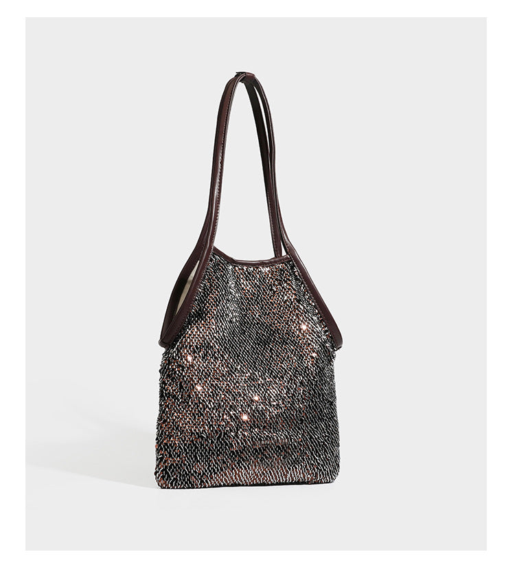 Kleine Schulter-Tote-Bag mit Pailletten, langem Metallic-Riemen und trapezförmiger Silhouette, Detailansicht 19