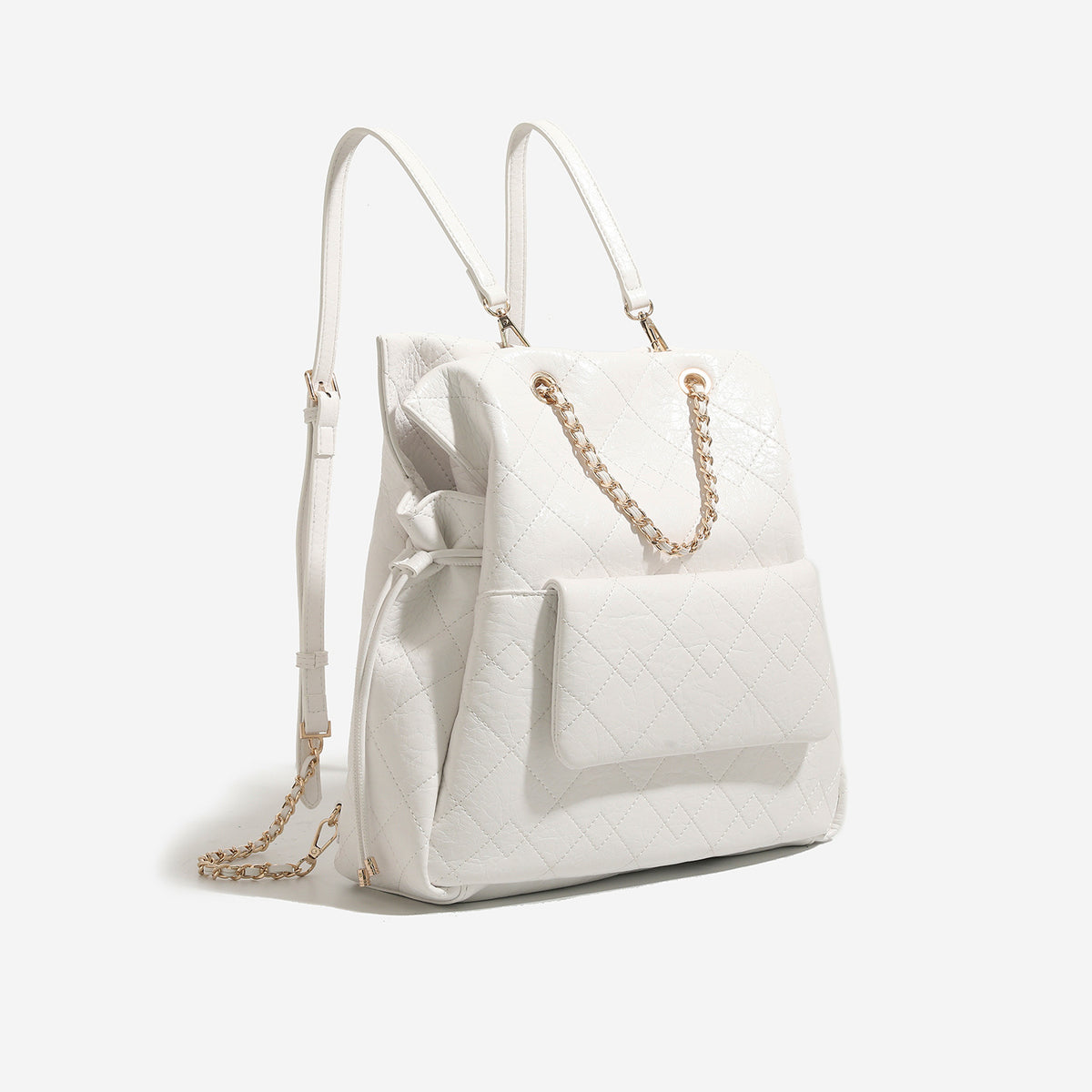 Large quilted leather-look drawstring backpack handbag with gold-tone chain handles and front flap pocket, detail view 6