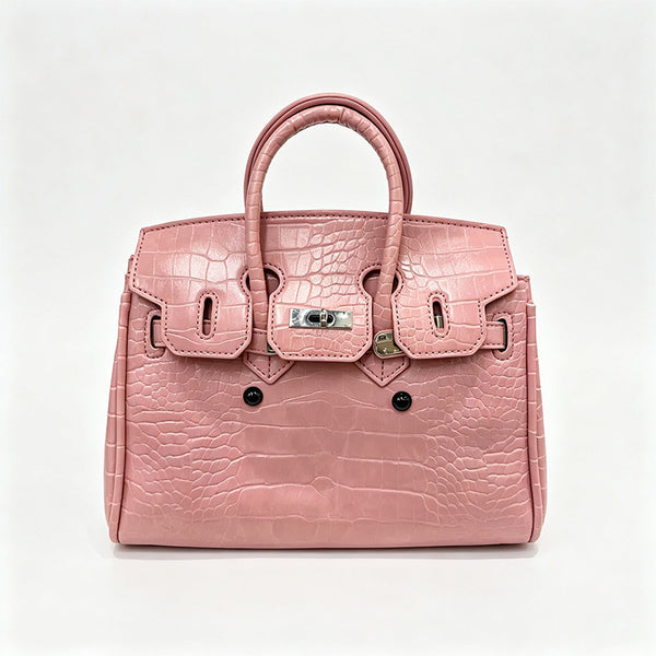 Croc-embossed structured trapezoid satchel with silver turn-lock hardware, rounded top handles, and detachable shoulder