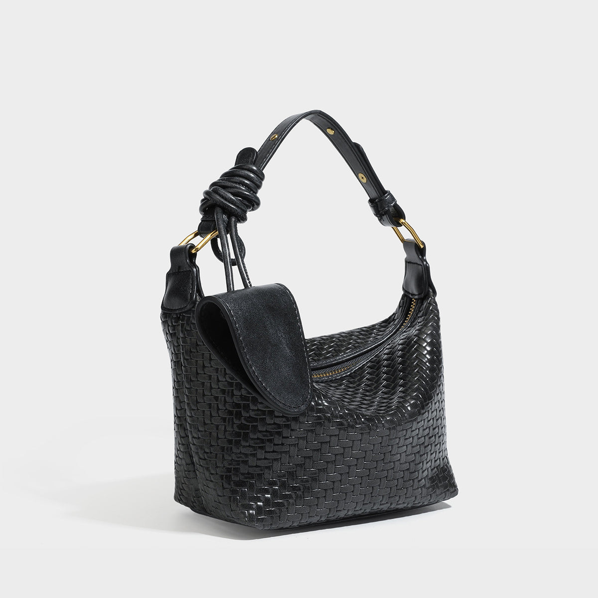 Small glossy basket-weave hobo shoulder bag in brown with knotted top handle, flap accent pocket, and gold-tone hardware