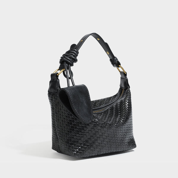 Small glossy basket-weave hobo shoulder bag in brown with knotted top handle, flap accent pocket, and gold-tone hardware