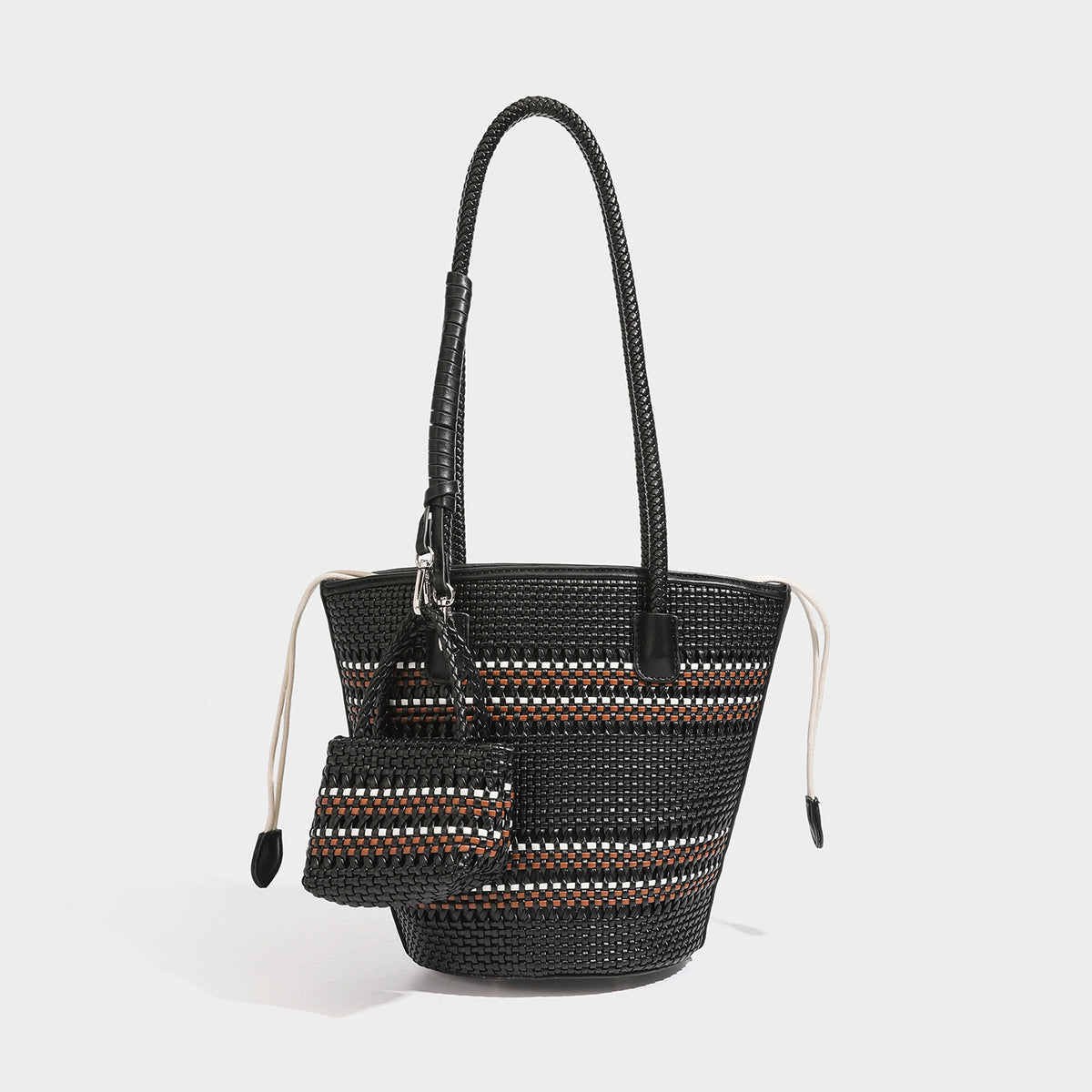 Structured woven bucket tote bag in pastel blue with braided shoulder strap, open lattice weave body, cream drawstring