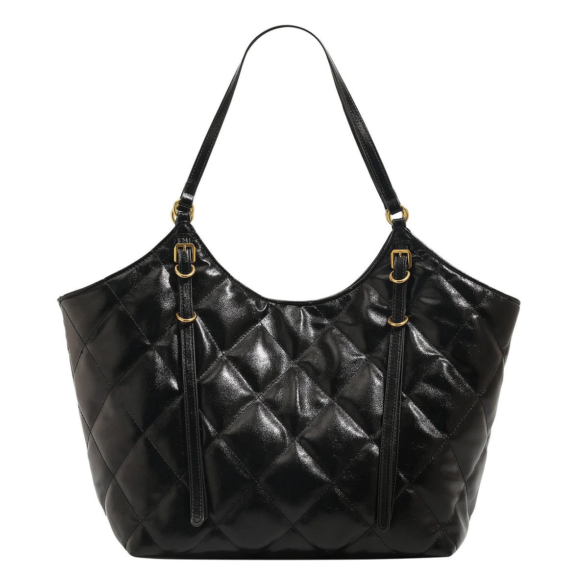 Large quilted diamond-pattern tote bag with glossy leather-look finish, dual flat shoulder straps, and gold-tone hardware