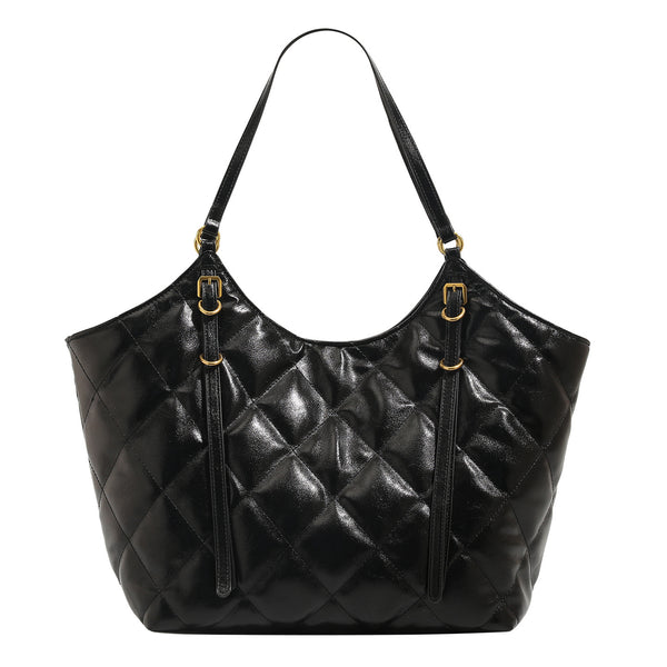 Large quilted diamond-pattern tote bag with glossy leather-look finish, dual flat shoulder straps, and gold-tone hardware