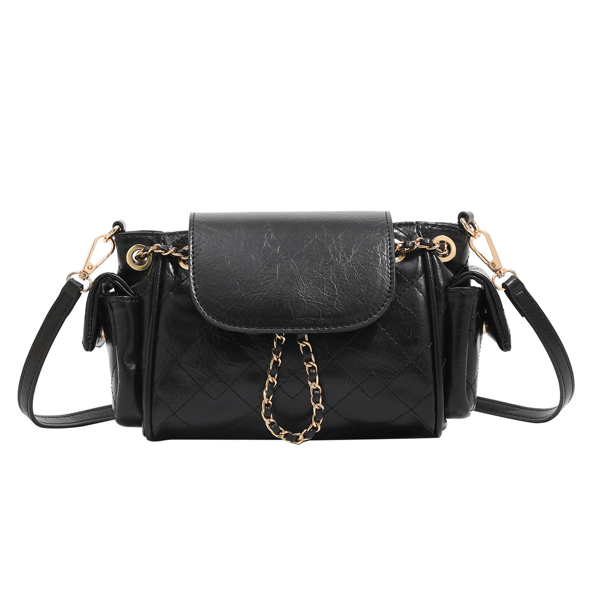 Small quilted leather-look flap bag with gold-tone chain strap and diamond stitch pattern, detail view 5