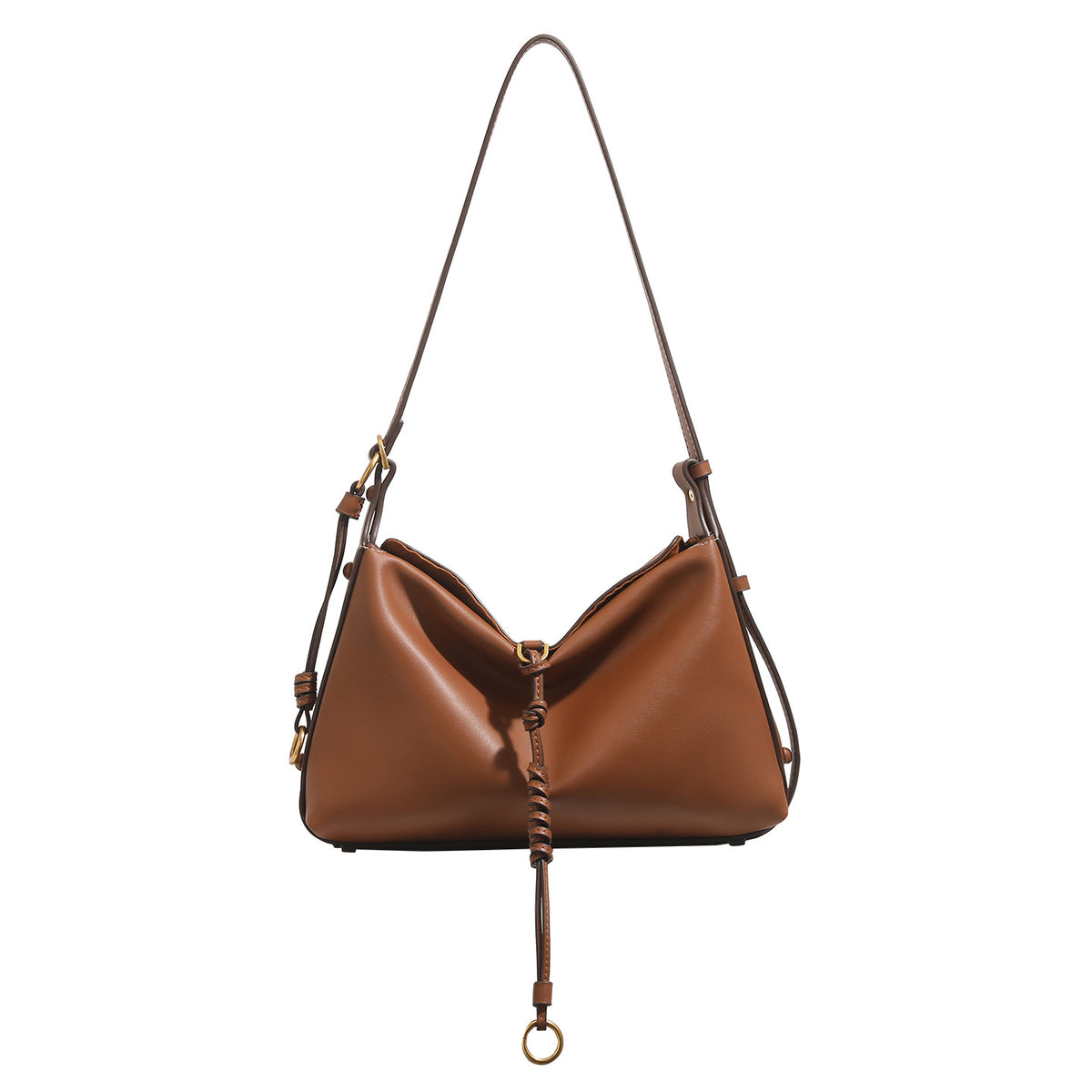 Weich fallende Hobo-Tasche in Halbmondform mit glatter, matter Oberfläche in Lederoptik, geknotetem Kordeldetail am Boden und Ring in Antikgold