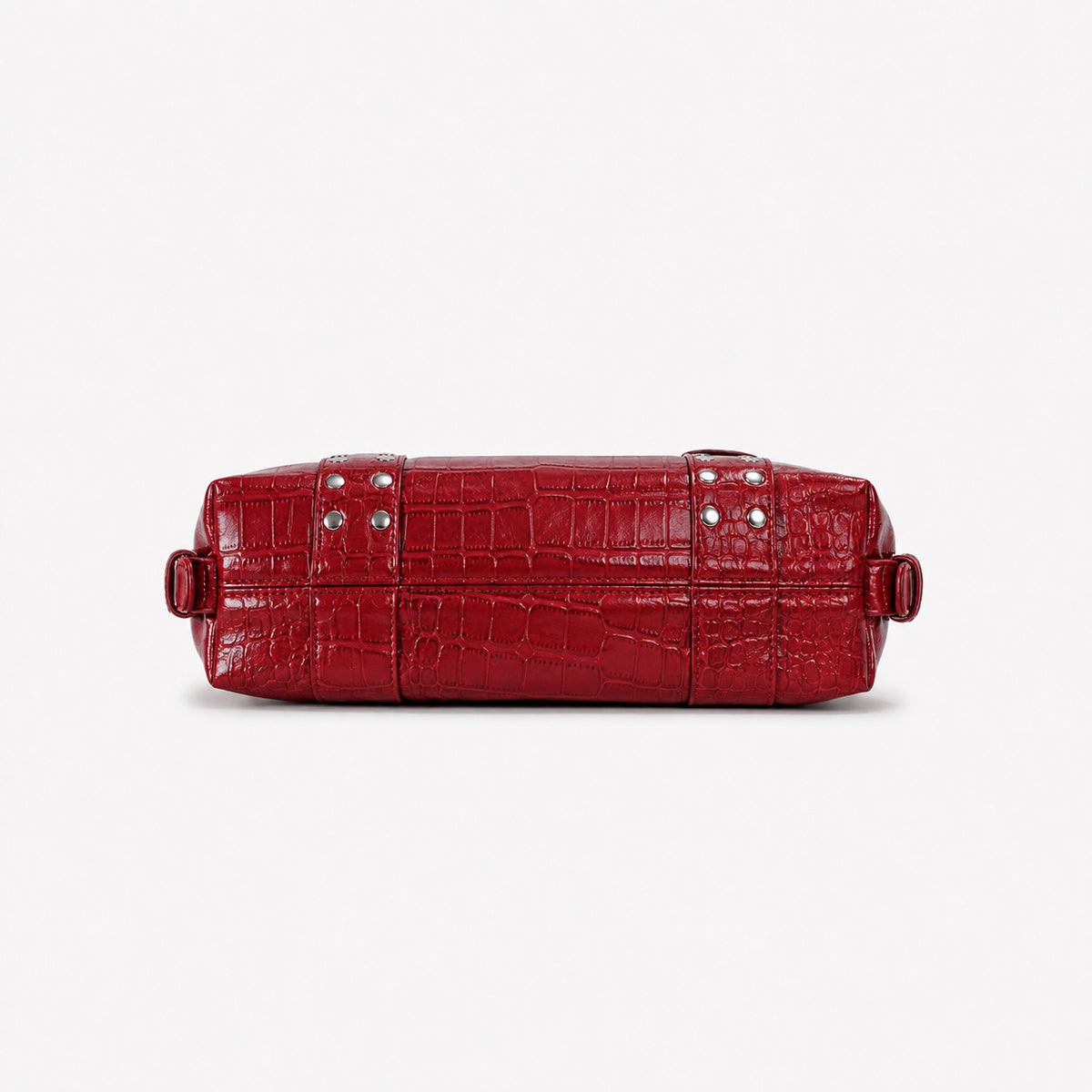 Croc-embossed leather-look barrel satchel bag with silver ring buckle hardware and stud panel trim, detail view 12