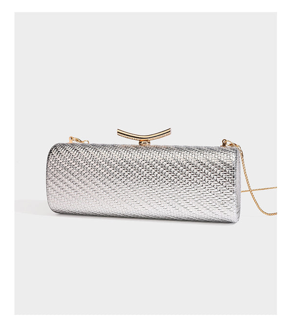 Strukturierte metallische Abend-Clutch mit gewebter Optik, geschwungenem goldfarbenem Kiss-Lock-Verschluss und abnehmbarem schmalem goldfarbenem Kettenriemen