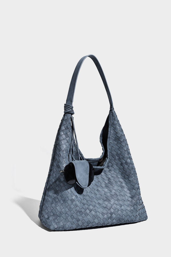 Slouchy woven hobo shoulder bag with knotted strap and matte leather-look textured finish, detail view 32
