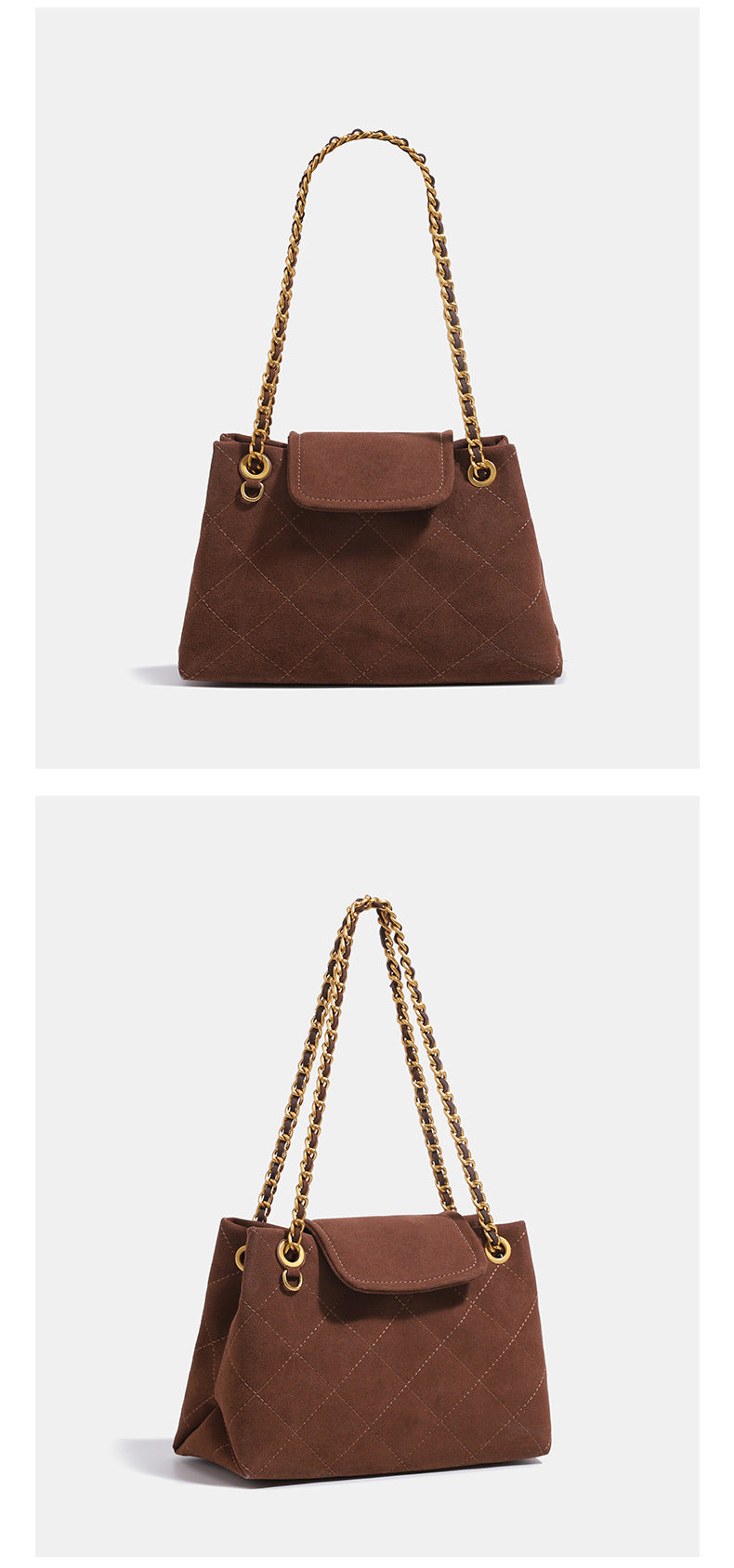 Quilted trapezoid shoulder bag with chain straps, flap closure, and ring hardware, detail view 9
