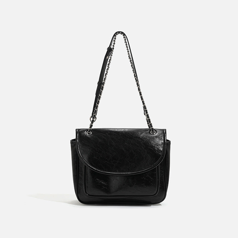 Structured glossy leather-look flap shoulder bag with silver-tone chain strap, detail view 7