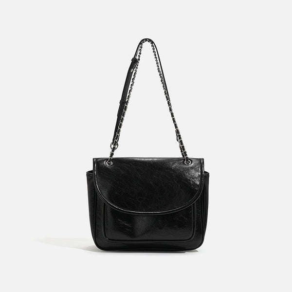 Structured glossy leather-look flap shoulder bag with silver-tone chain strap, detail view 7