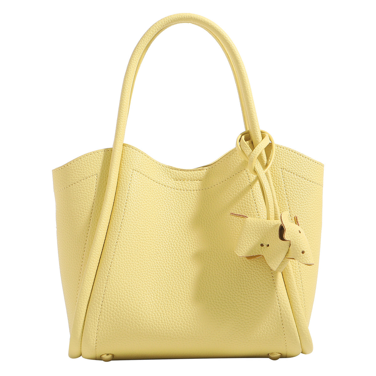 Small structured pebbled leather-look bucket tote bag with bow charm tie closure and gold-tone hardware, detail view 5