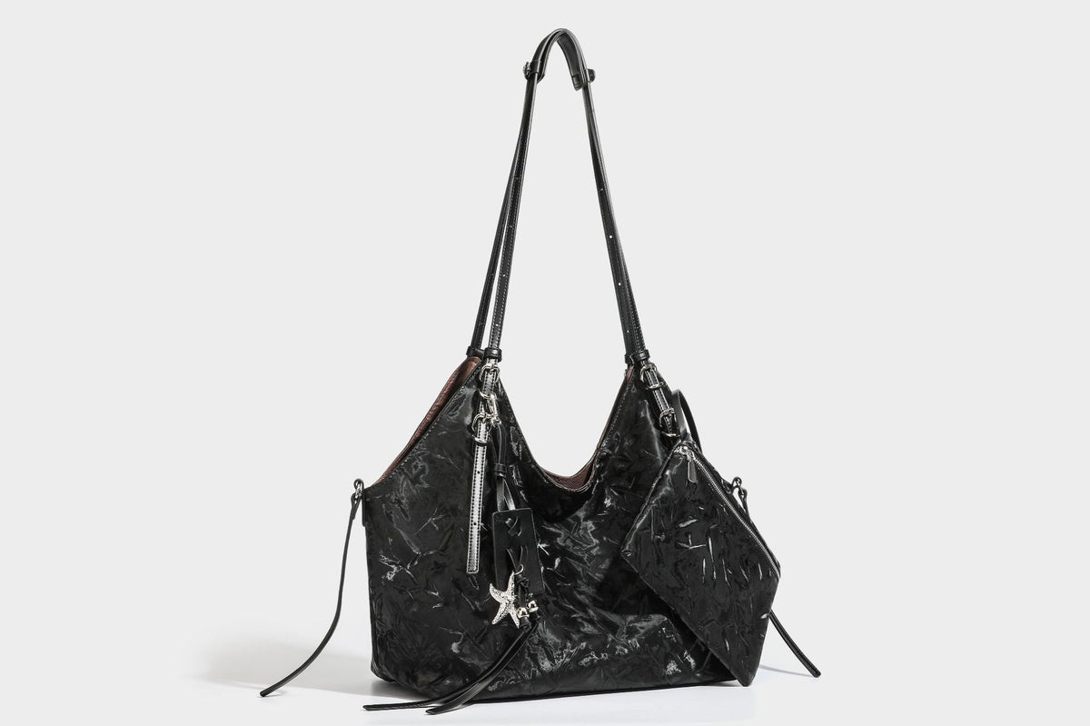 Slouchy crinkle-finish shoulder tote bag with silver hardware and attached zip pouch, detail view 22