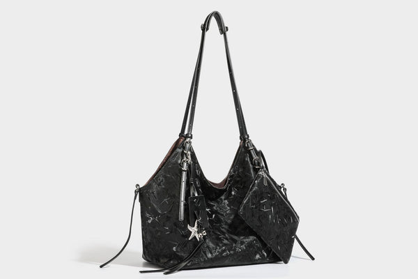 Slouchy crinkle-finish shoulder tote bag with silver hardware and attached zip pouch, detail view 22