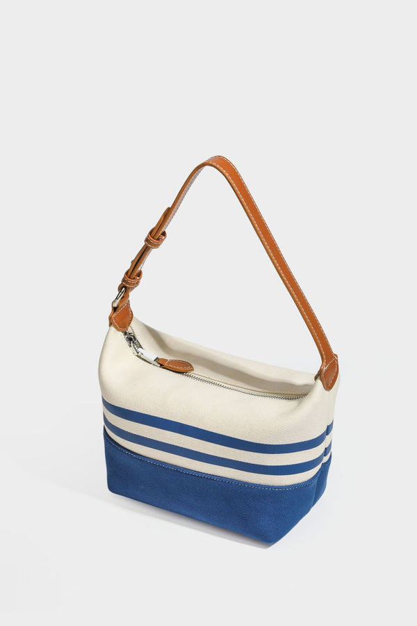 Creme-blau gestreifte Canvas-Schultertasche mit hellbraunem Riemen in Lederoptik und Reißverschluss in Silberoptik, Detailansicht 20