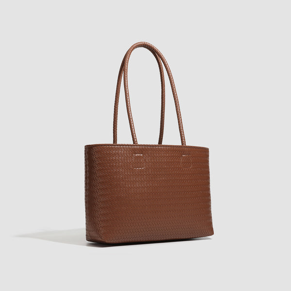 Structured cognac brown woven-texture tote bag with double top handles and open top, detail view 3
