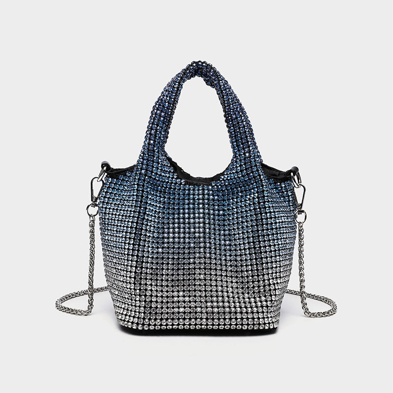 Small all-over rhinestone crystal bucket bag with twin handles and detachable chain shoulder strap, detail view 13