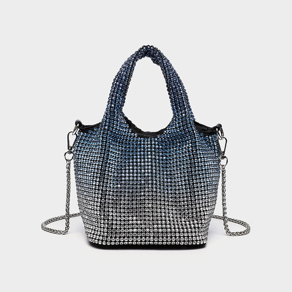 Small all-over rhinestone crystal bucket bag with twin handles and detachable chain shoulder strap, detail view 13