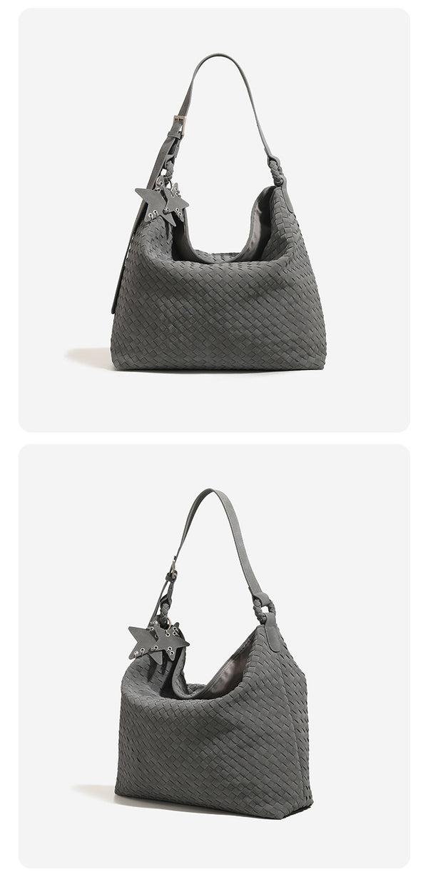 Slouchy woven hobo shoulder bag with matte suede-like finish, adjustable strap, and star charm hardware, detail view 11