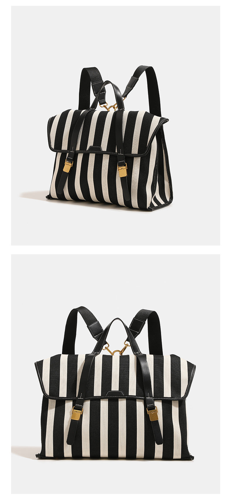 Structured striped canvas convertible satchel bag with leather-look trim, gold-tone buckle hardware, and backpack straps