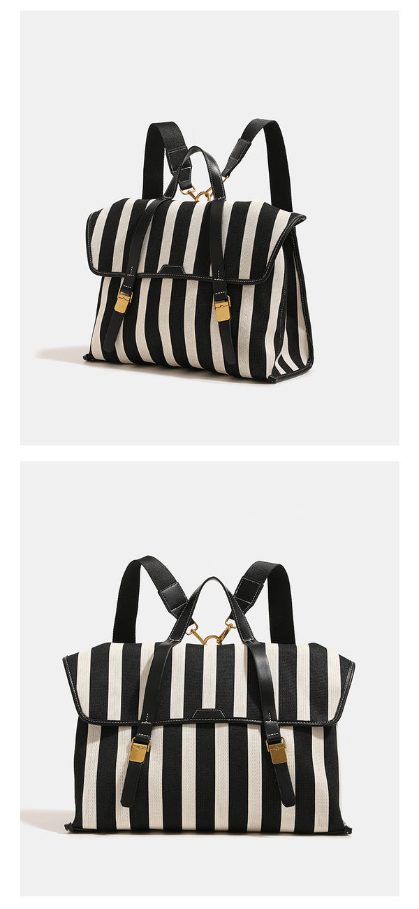 Structured striped canvas convertible satchel bag with leather-look trim, gold-tone buckle hardware, and backpack straps