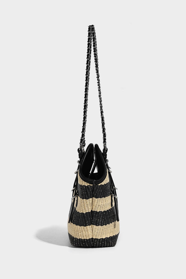 Black and natural striped woven tote bag with chain shoulder strap and silver-tone turn-lock hardware, detail view 18