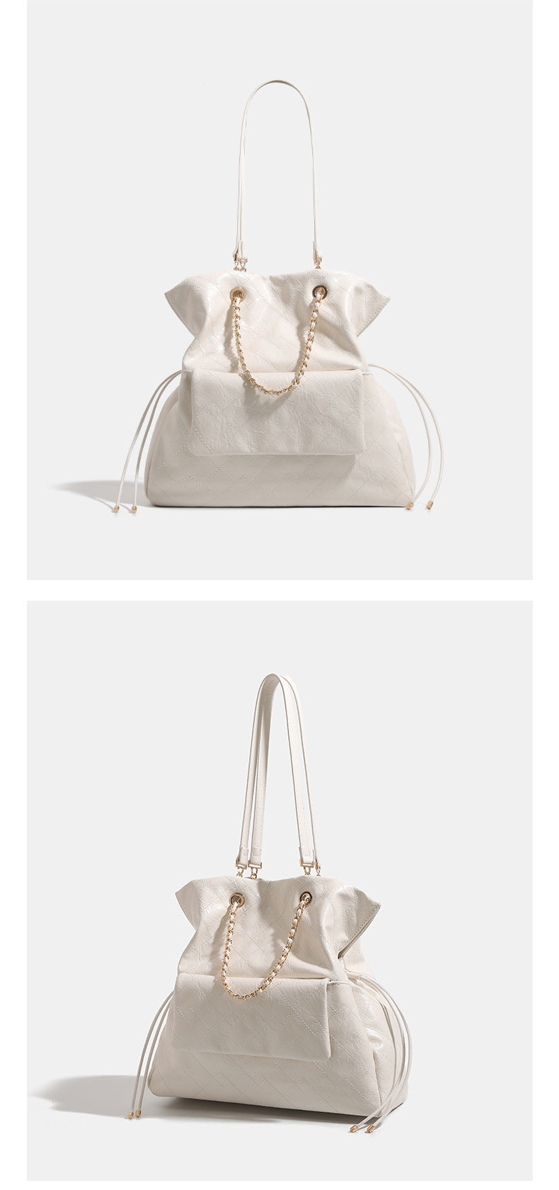 Quilted crinkled leather-look convertible tote backpack with gold-tone chain handles and drawstring closure, detail view 8