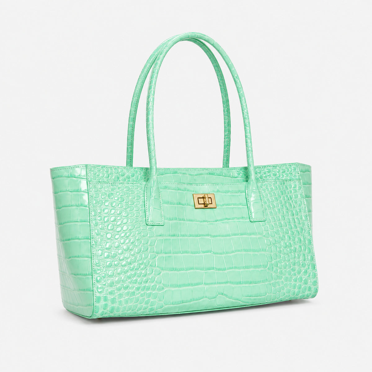 Structured glossy crocodile-embossed tote bag with gold-tone turn-lock closure and double top handles, detail view 4