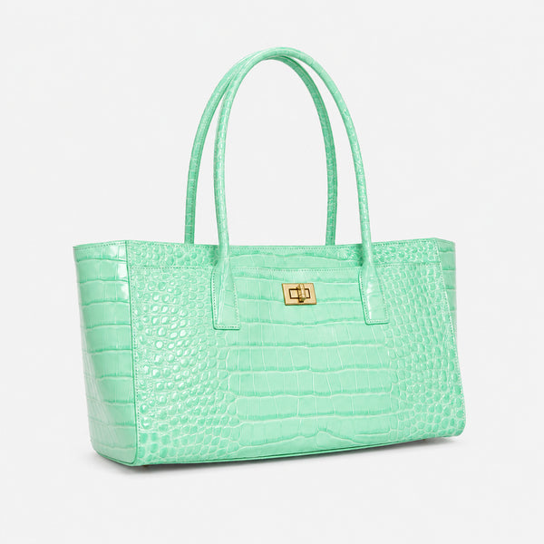 Structured glossy crocodile-embossed tote bag with gold-tone turn-lock closure and double top handles, detail view 4