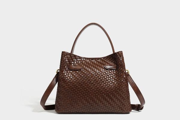 Structured woven leather-look bucket bag with gold-tone turn-lock hardware and detachable shoulder strap, detail view 33