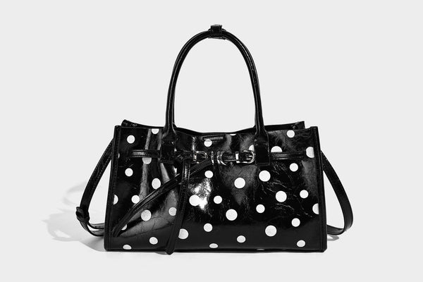 Structured glossy leather-look polka-dot satchel tote with dual top handles and detachable shoulder strap, detail view 11